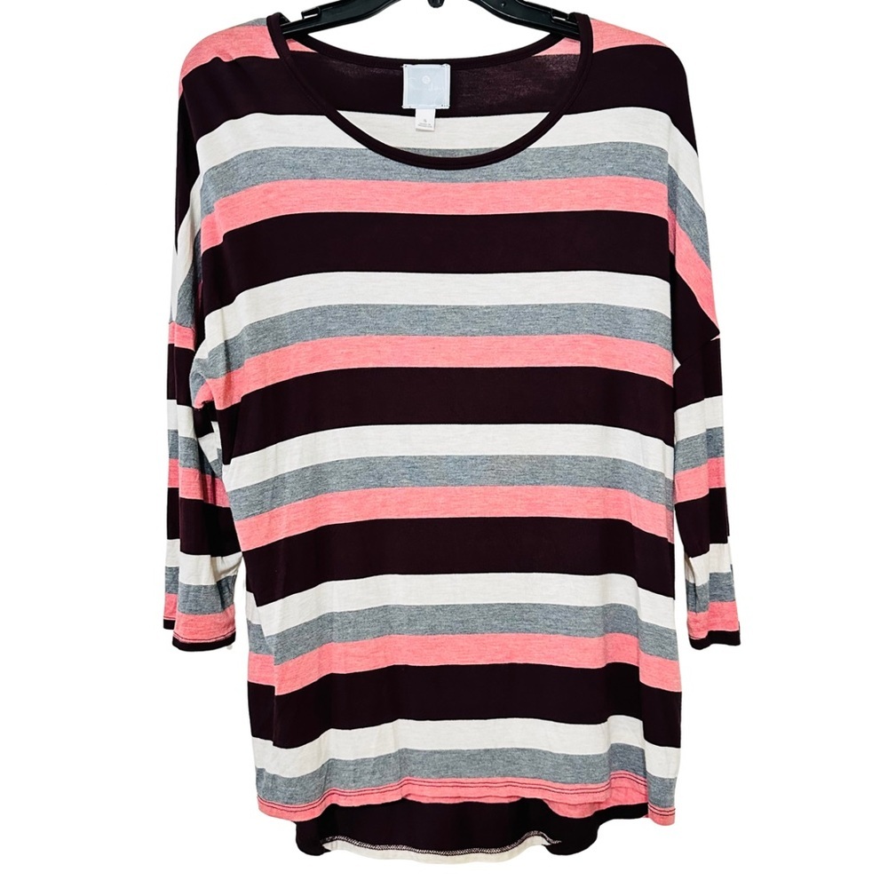 Sunday Horizontal Stripes 3/4 Sleeve Tunic Curved Hem Top Pink, Gray & Burgundy